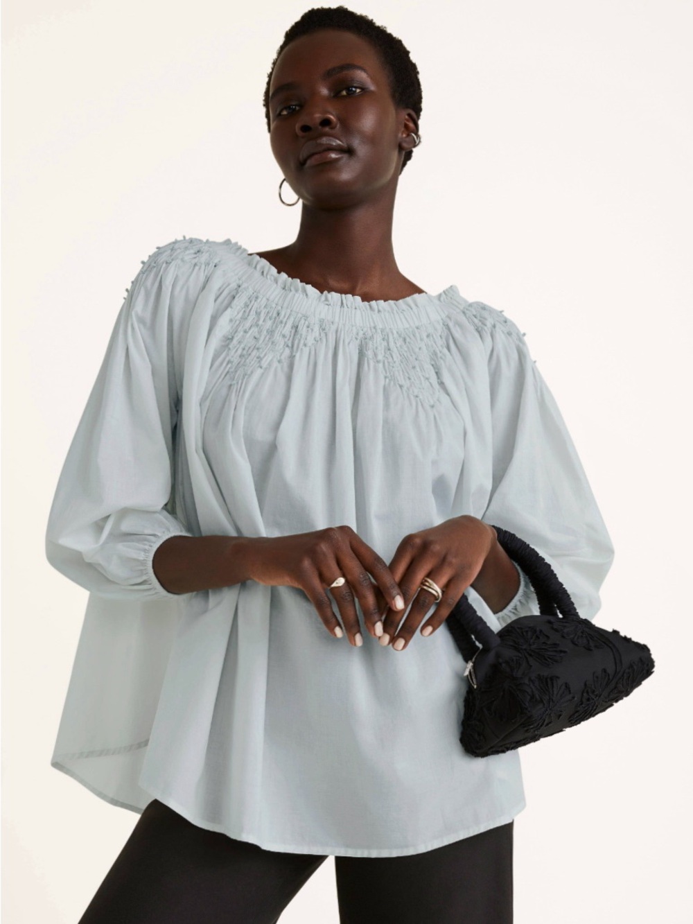 Smocked Off-Shoulder Blouse in Light Blue